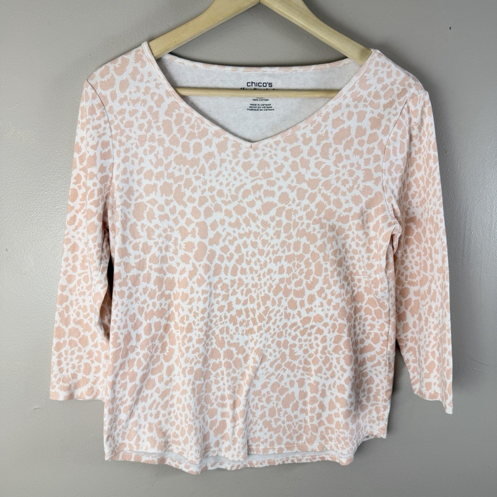 Chico's Ultimate Tee Womens Size 1 Pink Animal Print  3/4 Sleeve Top 100% Cotton